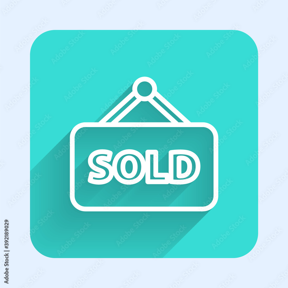 White line Hanging sign with text Sold icon isolated with long shadow. Sold sticker. Sold signboard. Green square button. Vector Illustration. White line Hanging sign with text Sold icon isolated with long shadow. Sold sticker. Sold signboard. Green square button. Vector Illustration.