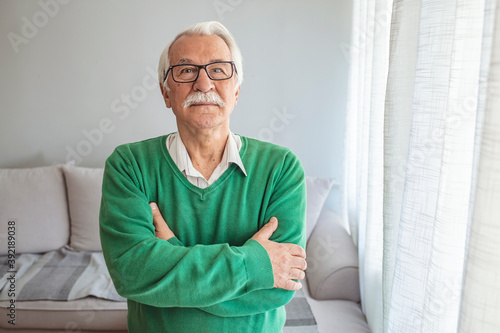 Close-up portrait of happy senior man looking at camera. Portrait elderly man at home. Elderly Man Smiling Face Expression Concept. Happy smiling 70 year old elder senior man portrait