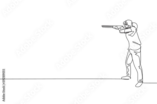 One single line drawing young woman practicing to shot target in range on shooting training ground graphic vector illustration. Clay pigeon shooting sport concept. Modern continuous line draw design