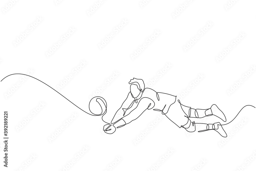 Φωτογραφία Single continuous line drawing of male young volleyball athlete player in action jumping block the ball on court
