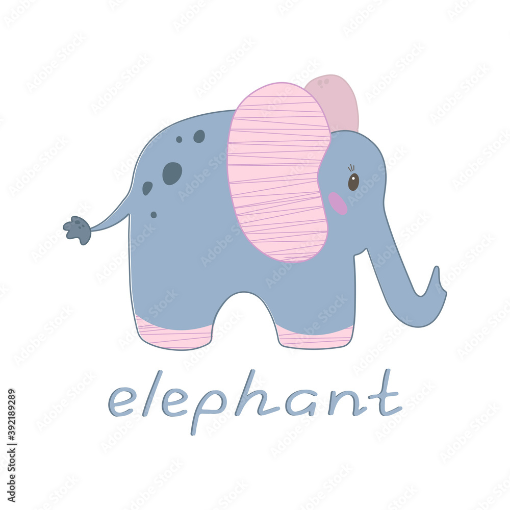 Fototapeta premium Vector color children's illustration with an elephant, poster, print. Cute baby animals on a white background.