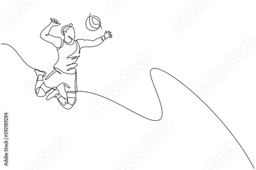 One single line drawing of young male professional volleyball player exercising jumping spike on court vector illustration. Team sport concept. Tournament event. Modern continuous line draw design