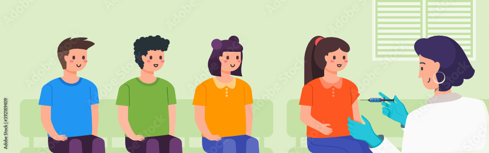 Kids Sitting in Line waiting for Vaccine Injection by Female Doctor in Clinic, Hospital or Public Medical Service. Children Vaccination for Herd Immunity. Flat Design. Healthcare & Illness Prevention. Kids Sitting in Line waiting for Vaccine Injection by Female Doctor in Clinic, Hospital or Public Medical Service. Children Vaccination for Herd Immunity. Flat Design. Healthcare & Illness Prevention.
