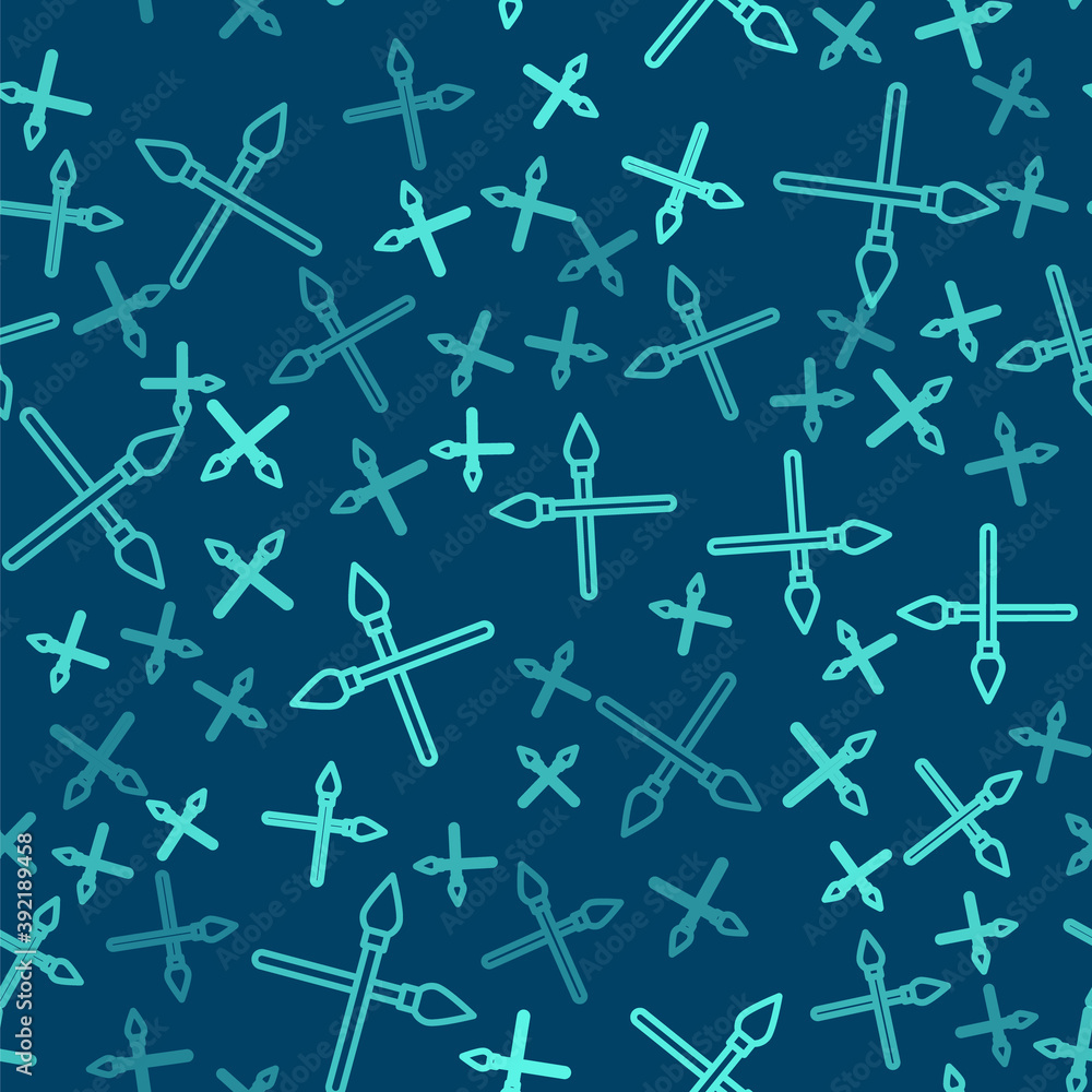 Green line Crossed medieval spears icon isolated seamless pattern on blue background. Medieval weapon. Vector. Green line Crossed medieval spears icon isolated seamless pattern on blue background. Medieval weapon. Vector.
