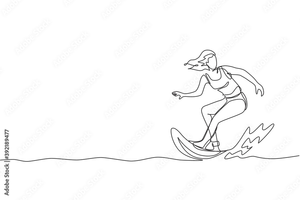 Fototapeta premium Single continuous line drawing young professional surfer in action riding the waves on blue ocean. Extreme watersport concept. Summer vacation. Trendy one line draw design graphic vector illustration