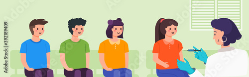Kids Sitting in Line waiting for Vaccine Injection by Female Doctor in Clinic, Hospital or Public Medical Service. Children Vaccination for Herd Immunity. Flat Design. Healthcare & Illness Prevention.