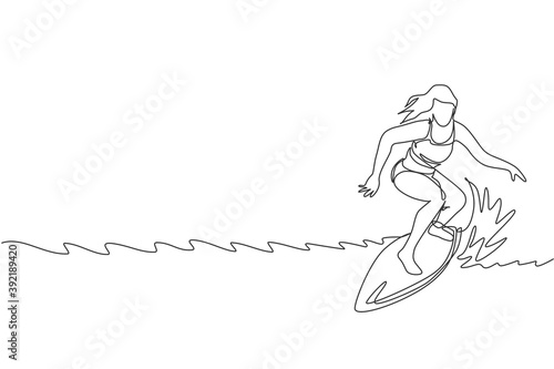 One single line drawing young sporty surfer woman with bikini riding on big waves in surfing beach paradise vector illustration graphic. Extreme water sport concept. Modern continuous line draw design