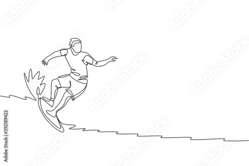 One single line drawing of young sporty surfer man riding on big waves in surfing beach paradise vector illustration graphic. Extreme water sport concept. Modern continuous line draw design