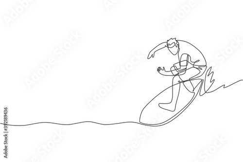 Single continuous line drawing young professional surfer in action riding the waves on blue ocean. Extreme watersport concept. Summer vacation. Trendy one line draw design vector graphic illustration