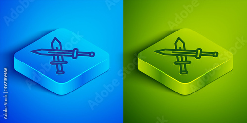 Isometric line Crossed medieval sword icon isolated on blue and green background. Medieval weapon. Square button. Vector.