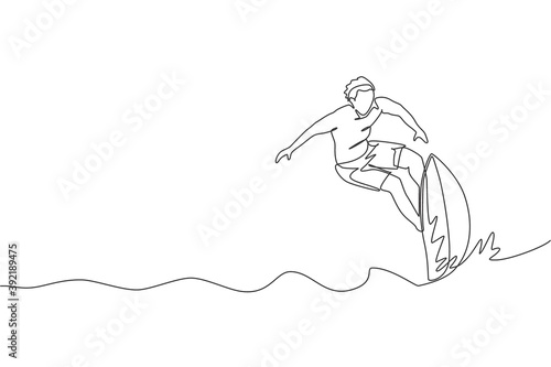 One single line drawing of young sporty surfer man riding on big waves in surfing beach paradise vector graphic illustration. Extreme water sport lifestyle concept. Modern continuous line draw design