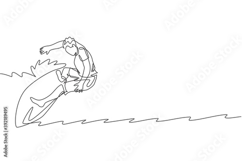 One continuous line drawing young happy tourist surfer exercising surfing on wavy ocean. Healthy extreme watersport concept. Summer holiday. Dynamic single line draw design vector graphic illustration
