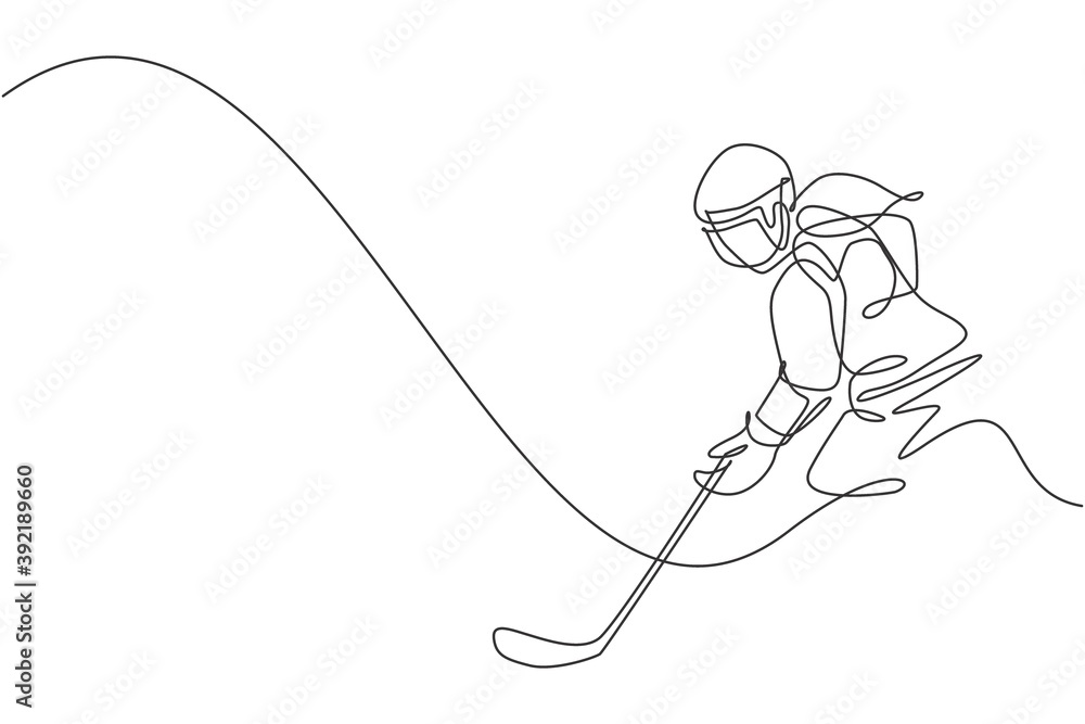 One continuous line drawing of young professional ice hockey player exercising and practicing on ice rink stadium. Healthy extreme sport concept. Dynamic single line draw design vector illustration One continuous line drawing of young professional ice hockey player exercising and practicing on ice rink stadium. Healthy extreme sport concept. Dynamic single line draw design vector illustration