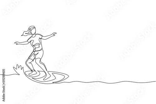 One continuous line drawing young happy tourist surfer exercising surfing on wavy ocean. Healthy extreme watersport concept. Summer holiday. Dynamic single line draw design vector graphic illustration