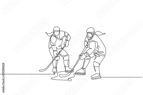 One single line drawing of young two ice hockey player in action to win the puck at competitive game on ice rink stadium vector illustration. Sport tournament concept. Continuous line draw design