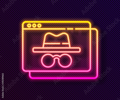 Glowing neon line Browser incognito window icon isolated on black background. Vector.