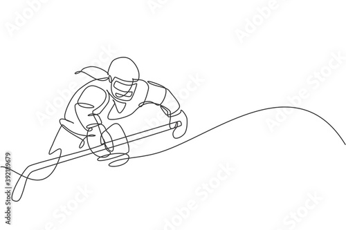 Single continuous line drawing of young professional ice hockey player hit the puck and attack on ice rink arena. Extreme winter sport concept. Trendy one line draw design graphic vector illustration