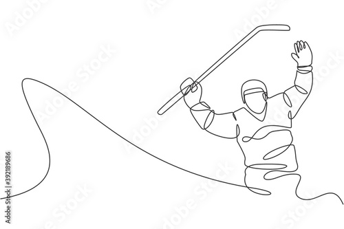 One single line drawing of young ice hockey player celebrate a goal at competitive game on ice rink stadium vector illustration graphic. Sport tournament concept. Modern continuous line draw design