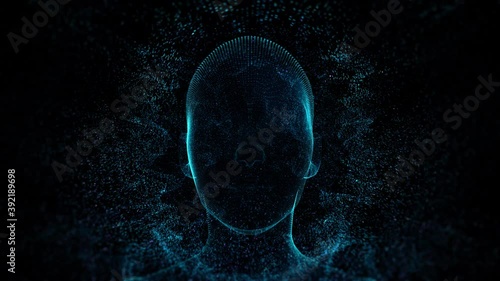 3d render of abstract face in digital cyberspace with a lot of particles around. Technology concept of facial recognition.