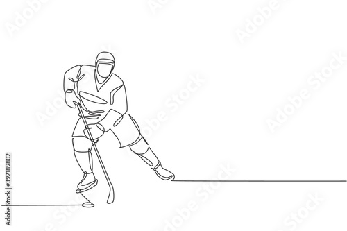 One continuous line drawing of young professional ice hockey player exercising and practicing on ice rink stadium. Healthy extreme sport concept. Dynamic single line draw design vector illustration