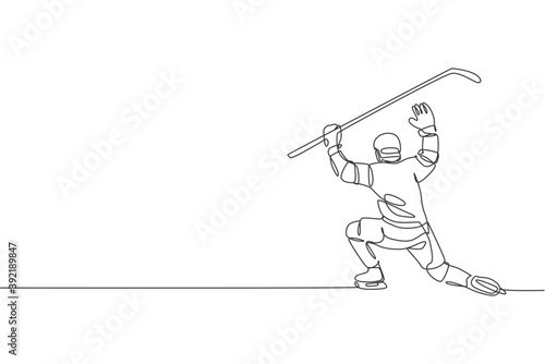 Single continuous line drawing of young professional ice hockey goalie block the puck shot and defense on ice rink arena. Extreme winter sport concept. Trendy one line draw design vector illustration