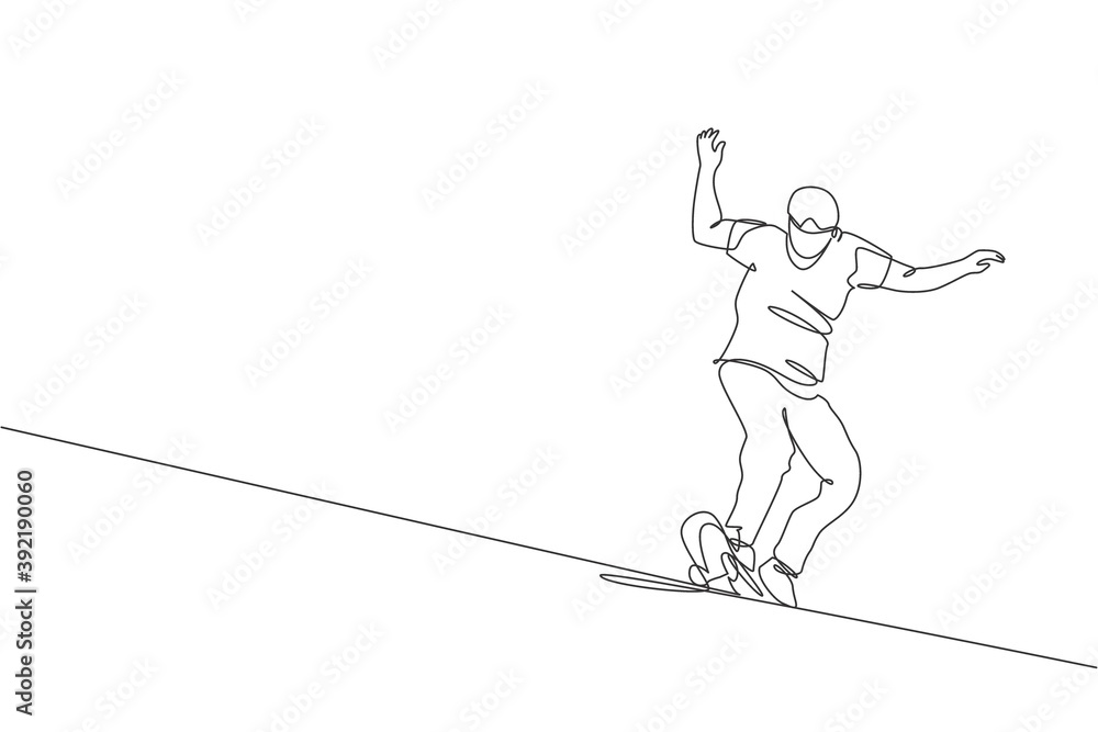 Single continuous line drawing of young cool skateboarder man riding skate and performing slide trick in skate park. Practicing outdoor sport concept. Trendy one line draw design vector illustration Single continuous line drawing of young cool skateboarder man riding skate and performing slide trick in skate park. Practicing outdoor sport concept. Trendy one line draw design vector illustration