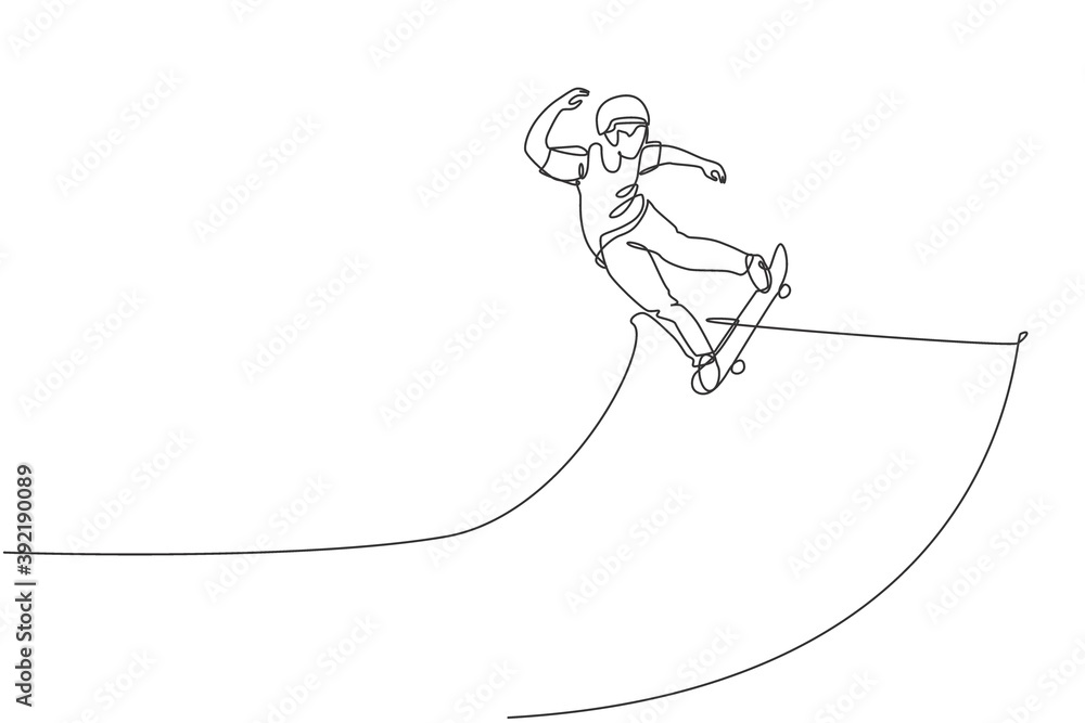 One single line drawing of young skateboarder man exercise riding skateboard in city street vector illustration. Extreme teen lifestyle and outdoor sport concept. Modern continuous line draw design