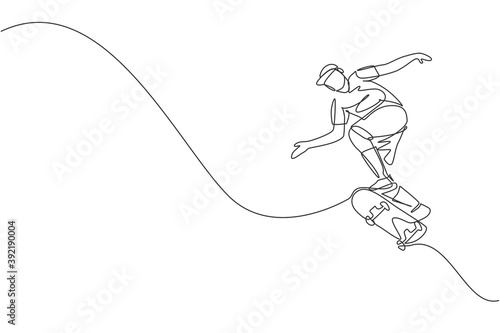 One continuous line drawing of young cool skateboarder man riding skateboard and jumping to do a trick in skatepark. Extreme teenager sport concept. Dynamic single line draw design vector illustration