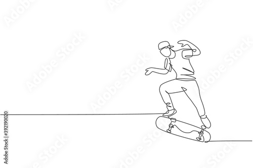 One single line drawing of young skateboarder man exercise riding skateboard in city street vector illustration. Teen lifestyle and extreme outdoor sport concept. Modern continuous line draw design