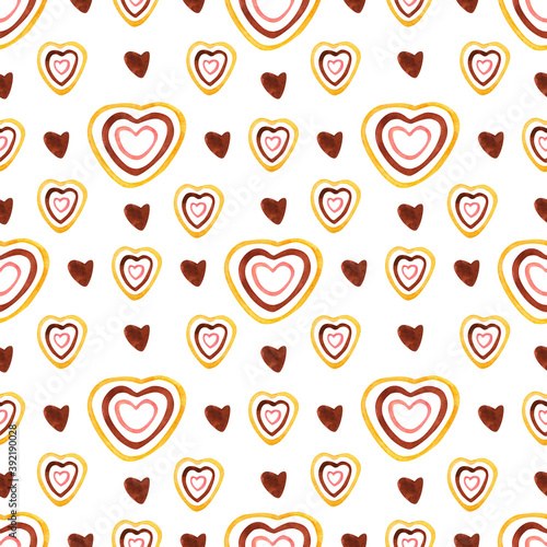 Watercolor seamless pattern with  hearts on white. Perfect decoration for kids playroom  nursery  wallpapers  fabrics. Earth colors. Wrapping papers  covers  textile. Hand  painted illustration.