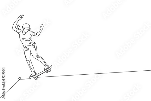 One continuous line drawing young cool skateboarder man riding skateboard doing a slide trick in skatepark. Extreme teenager sport concept. Dynamic single line draw design vector graphic illustration