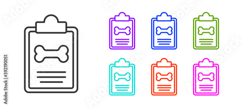 Black line Clipboard with medical clinical record pet icon isolated on white background. Health insurance form. Medical check marks report. Set icons colorful. Vector.