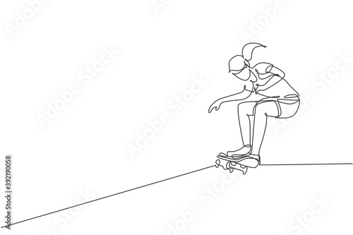 Single continuous line drawing young cool skateboarder woman riding skate and performing trick in skate park. Practicing outdoor sport concept. Trendy one line draw design graphic vector illustration