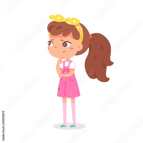 Smart thoughtful girl standing. Child thinking and having doubts face expression. Positive emotion vector illustration. Cute pensive little kid in strange mood on white background