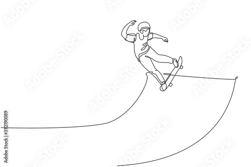 One single line drawing of young skateboarder man exercise riding skateboard in city street vector illustration. Extreme teen lifestyle and outdoor sport concept. Modern continuous line draw design