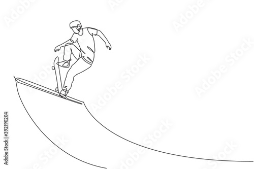 One single line drawing of young skateboarder man exercise riding skateboard at ramp board vector illustration. Teen lifestyle and extreme outdoor sport concept. Modern continuous line draw design