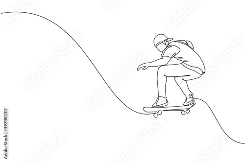 One continuous line drawing of young cool skateboarder man riding skateboard and doing a jump trick in skatepark. Extreme teenager sport concept. Dynamic single line draw design vector illustration