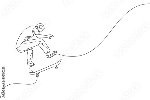 Single continuous line drawing of young cool skateboarder man riding skate and performing jump trick in skate park. Practicing outdoor sport concept. Trendy one line draw design vector illustration