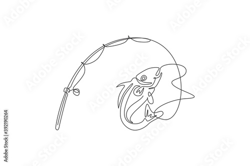 One single line drawing of fisherman club and fishing lover competition logo icon symbol vector illustration graphic. Holiday traveling for fishing hobby concept. Modern continuous line draw design