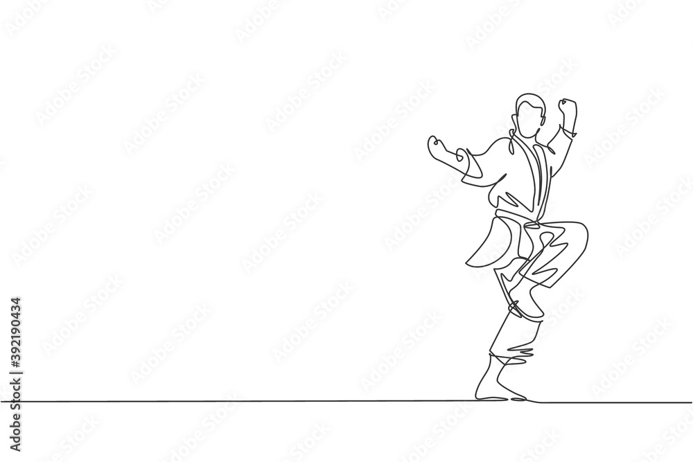 One single line drawing of young sporty karateka man in fight uniform with belt exercising martial art at gym vector illustration. Healthy sport lifestyle concept. Modern continuous line draw design One single line drawing of young sporty karateka man in fight uniform with belt exercising martial art at gym vector illustration. Healthy sport lifestyle concept. Modern continuous line draw design