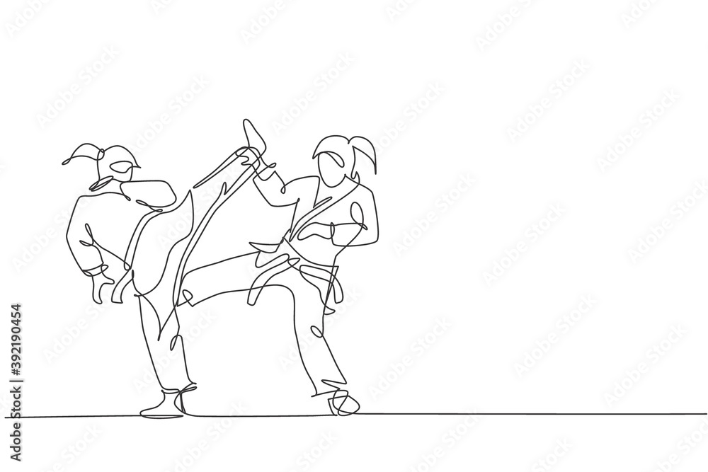 Fototapeta premium One continuous line drawing of two young talented karateka girls train pose for duel fighting at dojo gym center. Mastery martial art sport concept. Dynamic single line draw design vector illustration