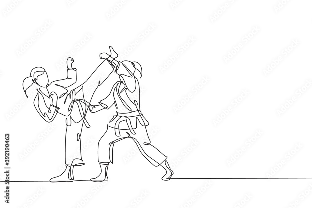 One continuous line drawing of two young talented karateka girls train pose for duel fighting at dojo gym center. Mastery martial art sport concept. Dynamic single line draw design vector illustration One continuous line drawing of two young talented karateka girls train pose for duel fighting at dojo gym center. Mastery martial art sport concept. Dynamic single line draw design vector illustration