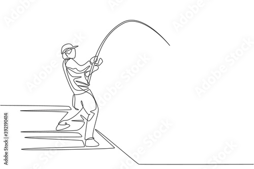Single continuous line drawing of young happy fisher man fly fishing big bass fish in dock pier. Fishing hobby holiday concept. Trendy one line draw design graphic vector illustration