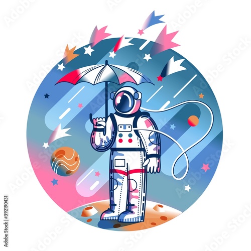 Funny astronaut standing with umbrella in space. Man on planet surface in spacesuit, comets flying. Space exploration fun entertainment vector illustration. Cosmonaut in universe