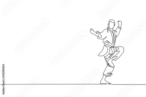 One single line drawing of young sporty karateka man in fight uniform with belt exercising martial art at gym vector illustration. Healthy sport lifestyle concept. Modern continuous line draw design