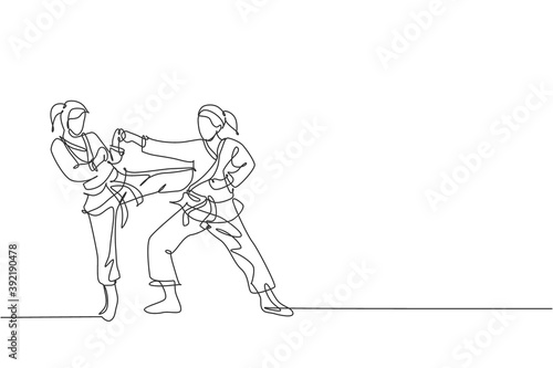 Fototapeta Naklejka Na Ścianę i Meble -  Single continuous line drawing of two young confident karateka girls in kimono practicing karate combat at dojo. Martial art sport training concept. Trendy one line draw design vector illustration