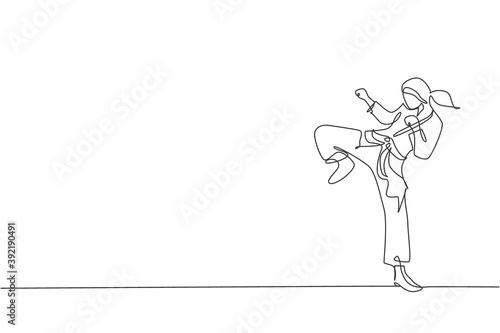 Single continuous line drawing of young confident karateka girl in kimono practicing karate combat at dojo. Martial art sport training concept. Trendy one line draw design vector graphic illustration