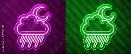 Glowing neon line Cloud with rain and moon icon isolated on purple and green background. Rain cloud precipitation with rain drops. Vector.