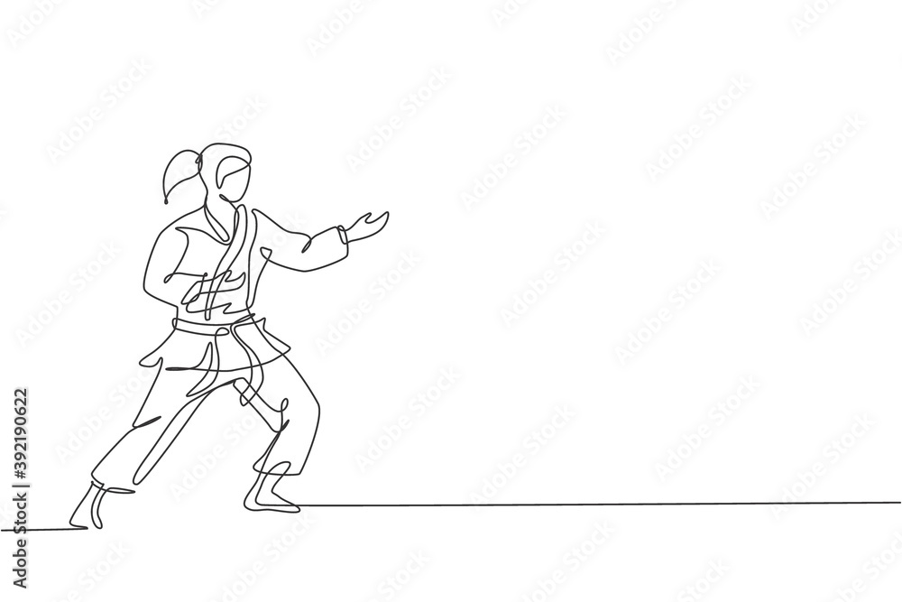 One continuous line drawing of young talented karateka girl train pose for duel fighting at dojo gym center. Mastering martial art sport concept. Dynamic single line draw design vector illustration One continuous line drawing of young talented karateka girl train pose for duel fighting at dojo gym center. Mastering martial art sport concept. Dynamic single line draw design vector illustration