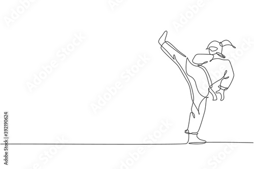 One single line drawing of young sporty karateka girl in fight uniform with belt exercising martial art at gym vector illustration. Healthy sport lifestyle concept. Modern continuous line draw design